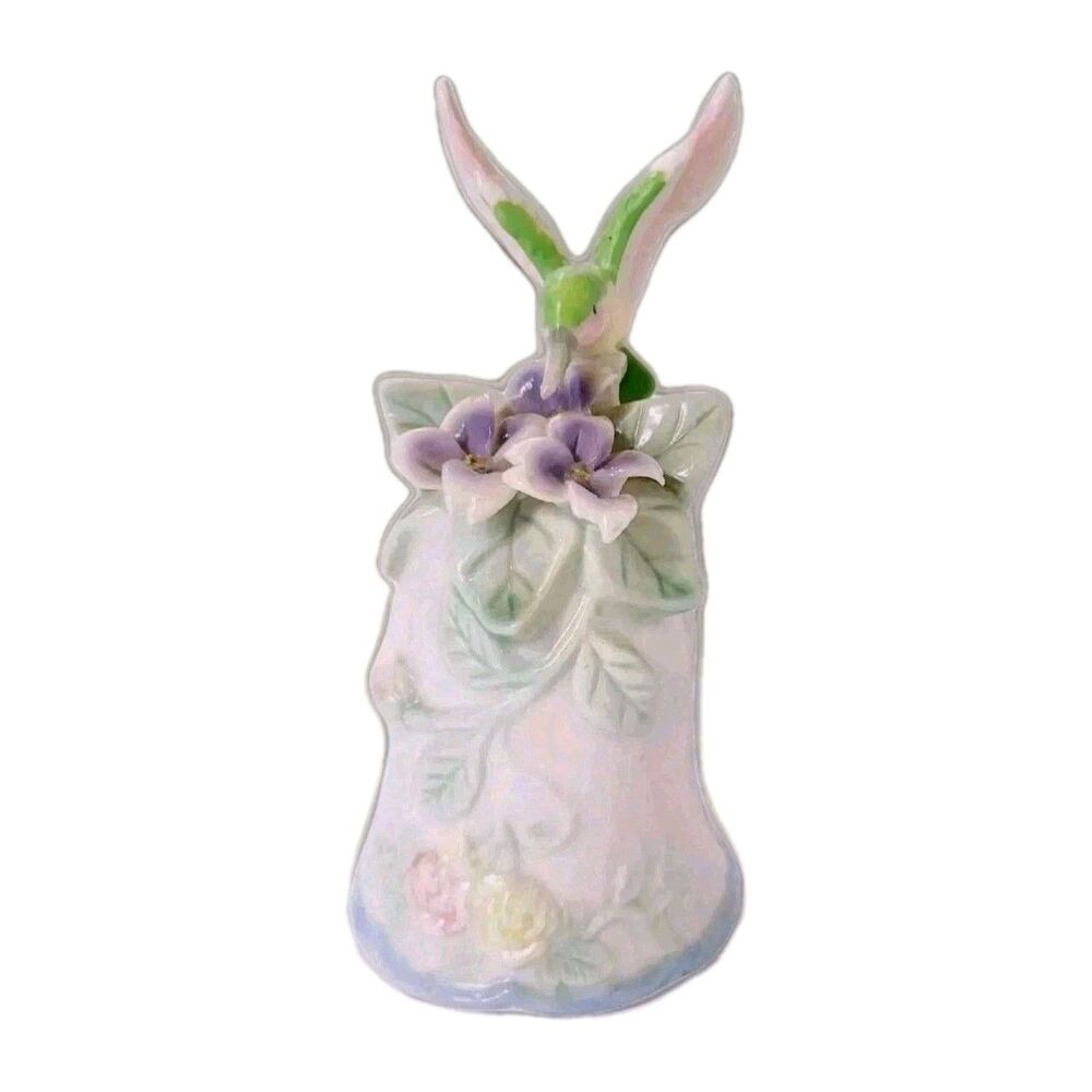 Hummingbird Bell Figurine Drinking Nector Of Cosmos Flowers Iris Porcelain 6"